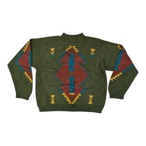 Vintage Garland Women's Green Acrylic Aztec Print Knit Sweater Size Large